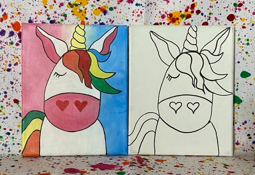 Kids Predrawn Canvas Outlined Sketch, Presketched DIY Paint Sip Party Kit,  Girls Birthday Idea, Pre Printed Ready to Paint Your Own Unicorn 